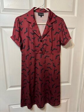 Sourpuss Luna Bats Rosie Dress,  Burgundy Bat-Print Button Front